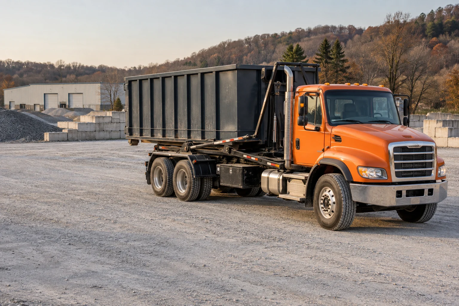 Illustrative roll-off truck and container at a work site