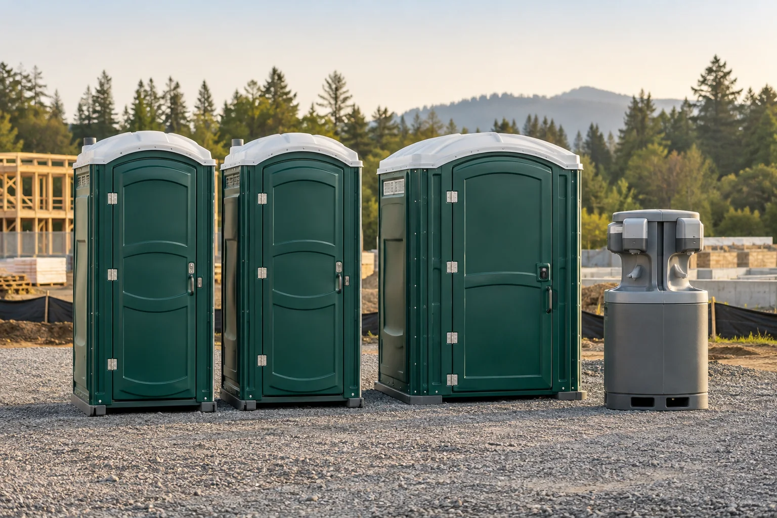 Illustration of portable toilets and a handwashing station at a site