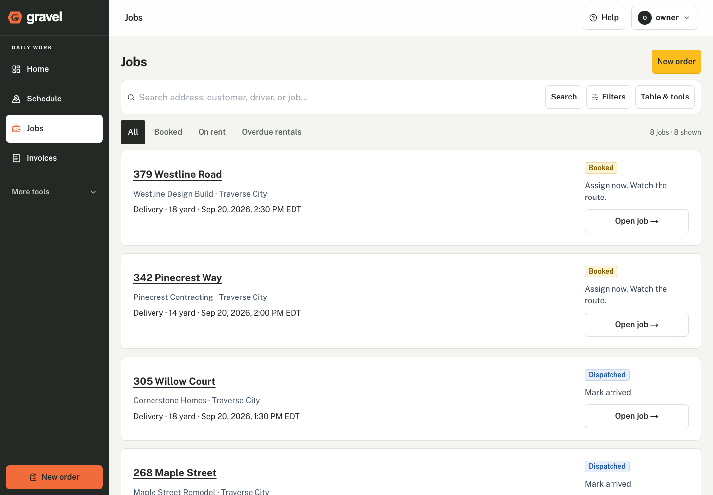 Dumpster rental software: actual Gravel jobs screen with fictional demonstration records