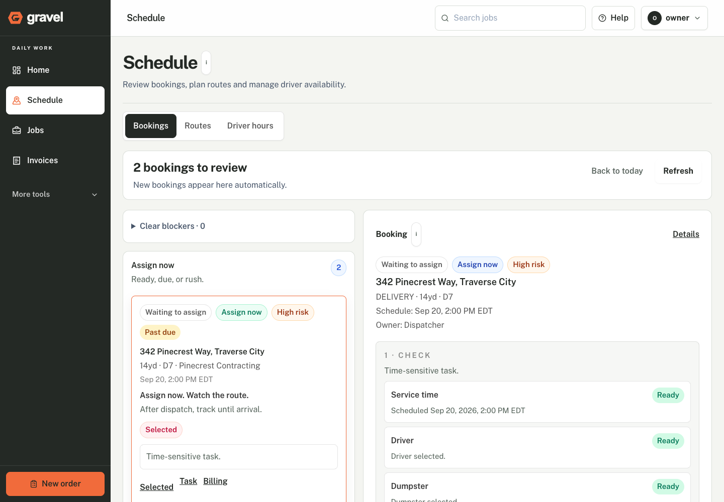 Actual Gravel Schedule screen with two fictional bookings, a dark sidebar, and booking checks.